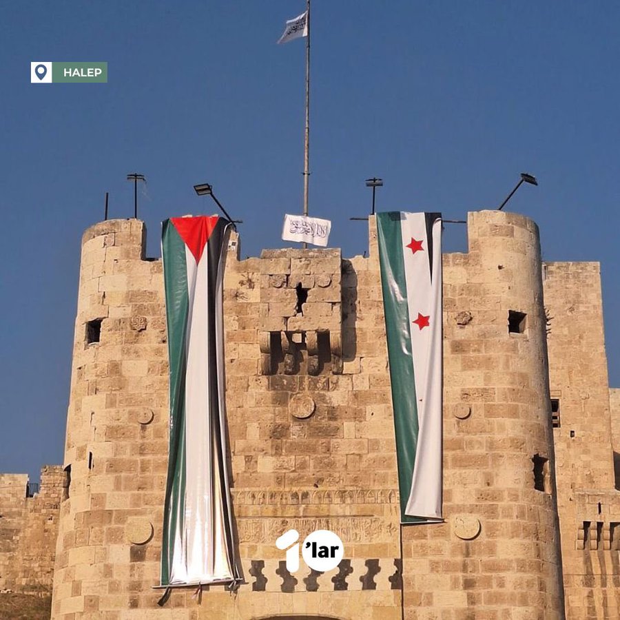 راية فلسطين على قلعة حلب بجوار علم الثورة. ولا عزاء لتيار الصهينة